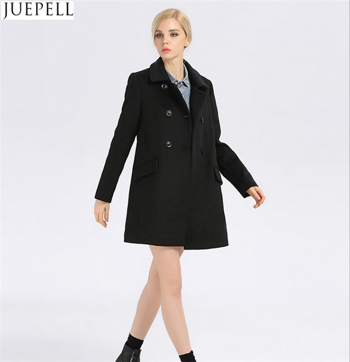 Fashion Ladies Collar Thin Wool Viscose Coat Women European Style Double Breasted Long Sleeve Black Coat