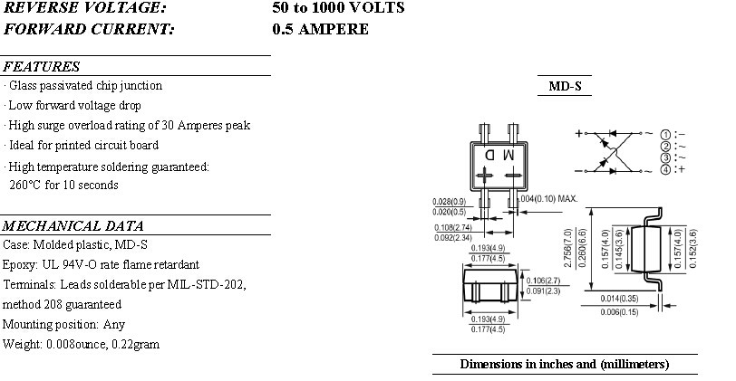 0.5 amp 200V MB2S Bridge Rectifier