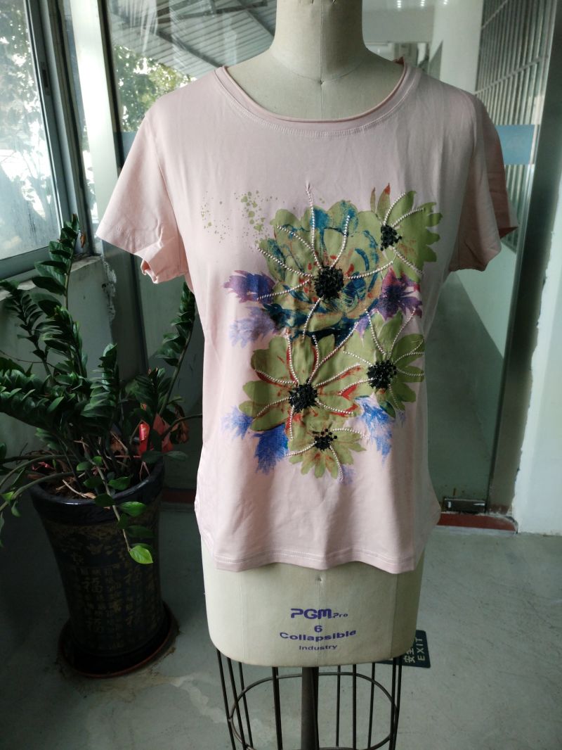 Summer Flower Embroidered Pink Lovely Women T-Shirt