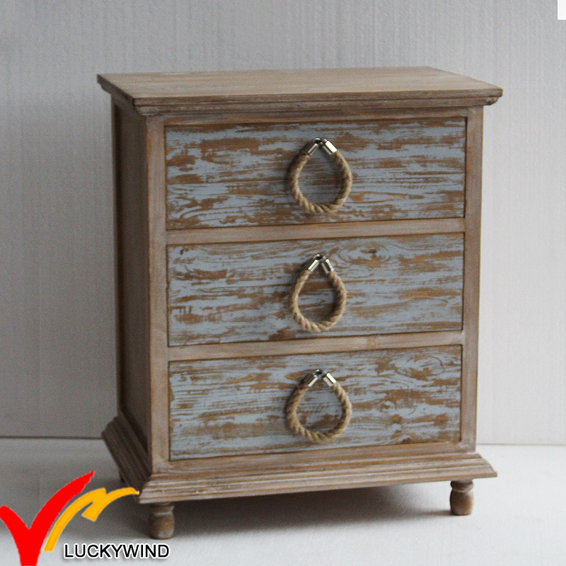 French Style Rustic Stained 3 Drawer Bedside Cabinets with Rope Knobs