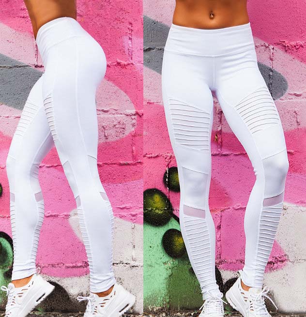 Factory OEM Custom Pleated White Fitness Women Yoga Leggings Sports Pants with Mesh