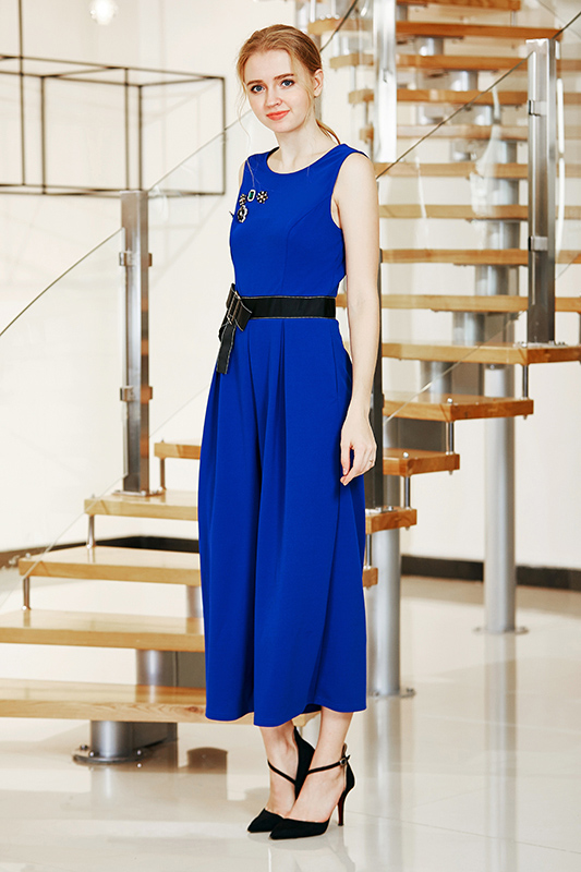Solid MIDI Length Jumpsuit with Waist Bow Tie and Beads
