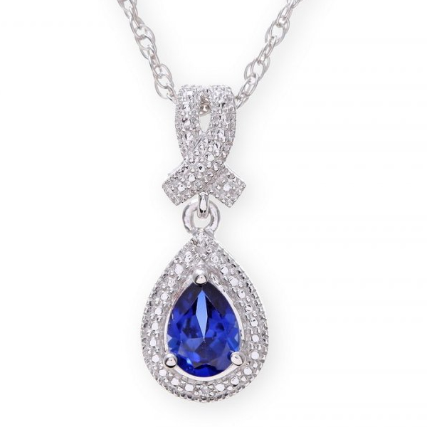 Sterling Silver Necklace with Sapphire Drop Stone with Rhodium Plated