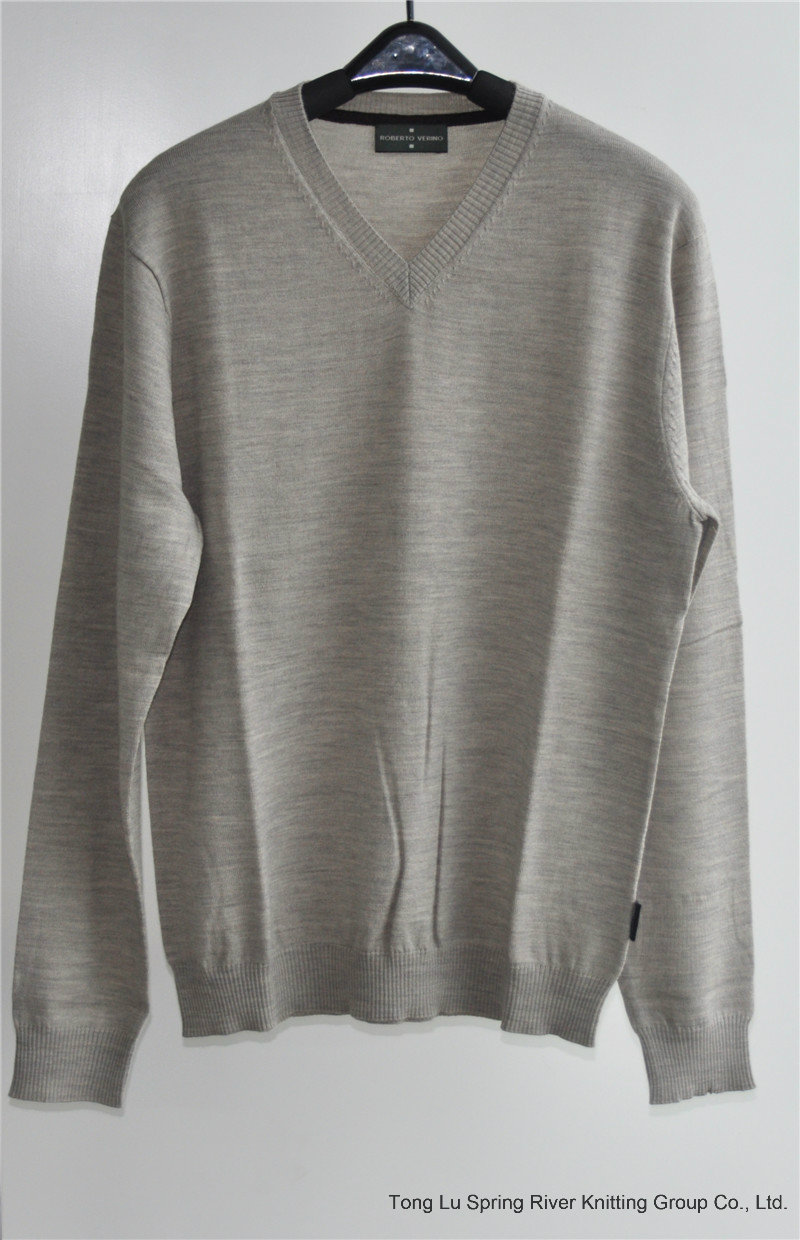 100% Wool Pure Colour V-Neck Kint Pullover Sweater for Man