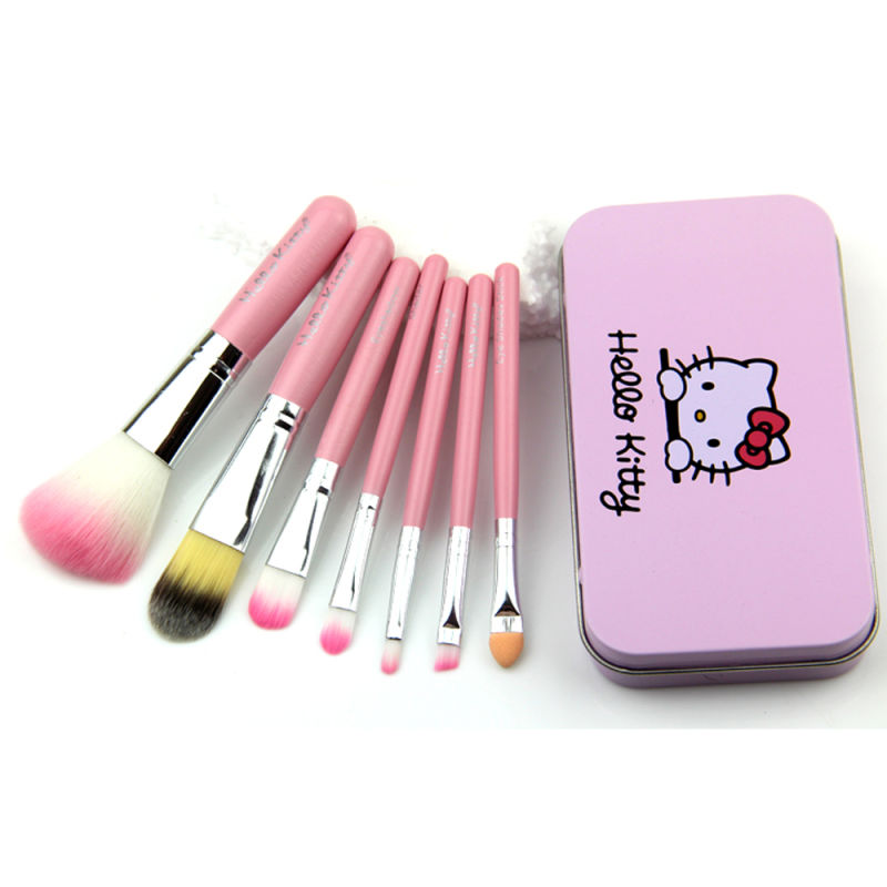 Cute Quality Hello Kitty 7PCS Beauty Makeup Brushes Set with Metal Case