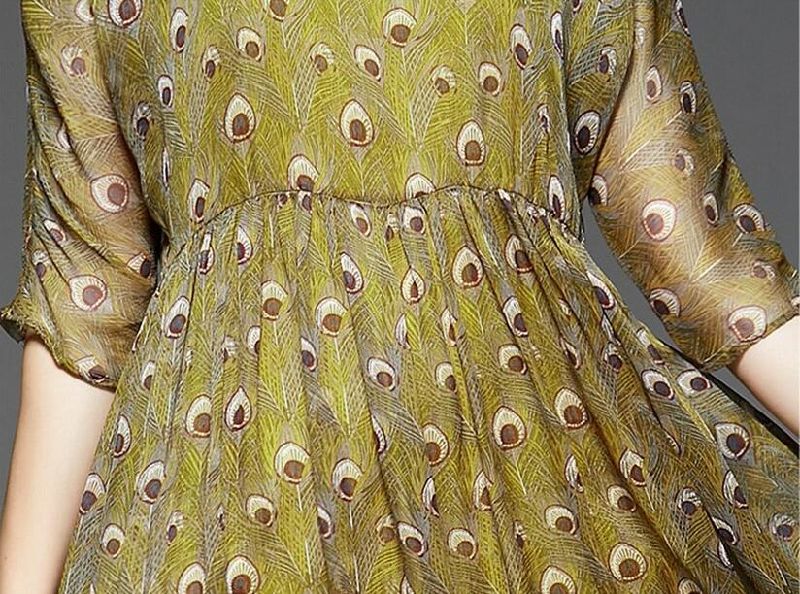 Summer Round-Neck Peacock Feather Pattern Women's Dress