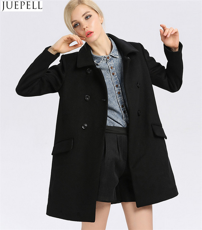 Fashion Ladies Collar Thin Wool Viscose Coat Women European Style Double Breasted Long Sleeve Black Coat