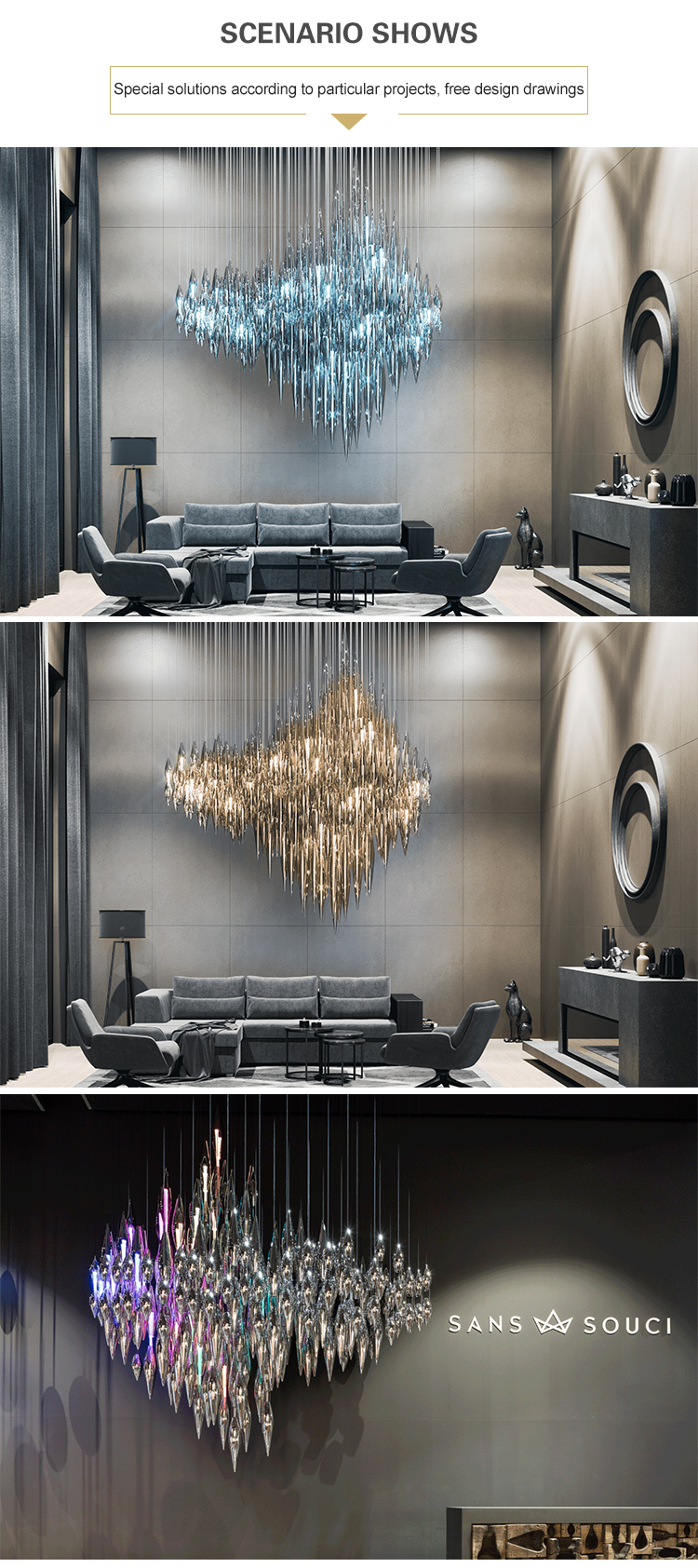 Modern large crystal chandelier in the villa