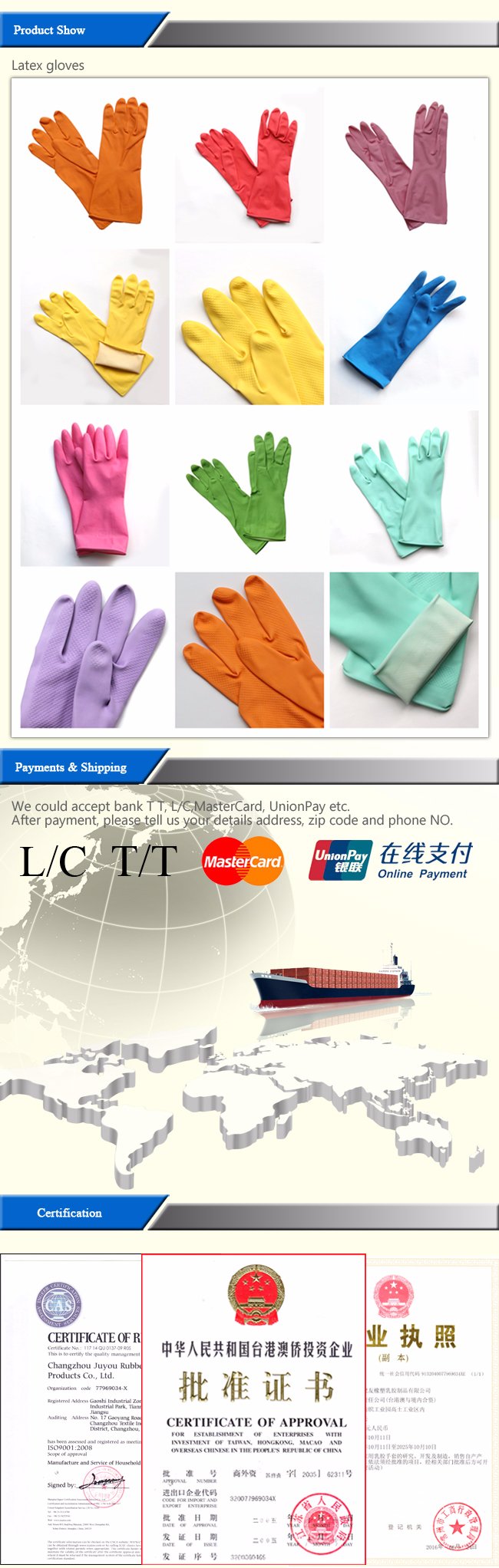Anti Acid Working Work Waterproof Latex Gloves with ISO9001 Approved