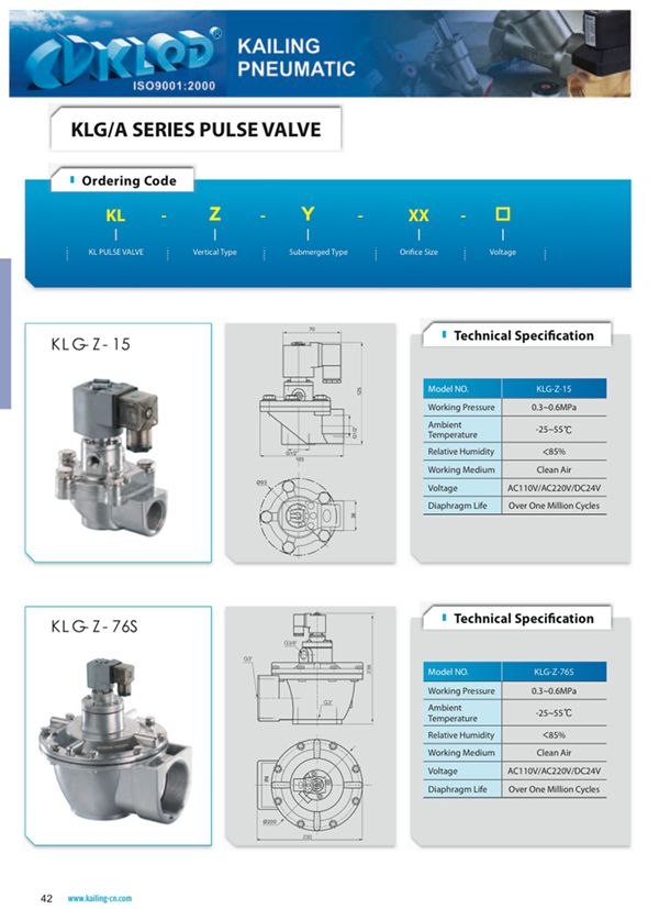 KLF series pneumatic pulse air valve/ diaphragm structure/AC110V,220V,DC24V
