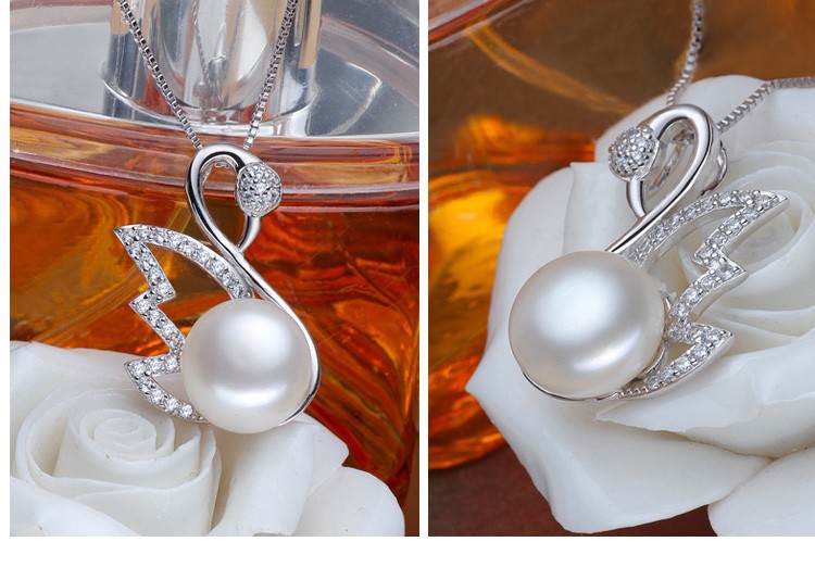 Silver Pearl Pendant Necklace 9-10mm AAA Bread Round Swan Shaped Real Freshwater Pendant