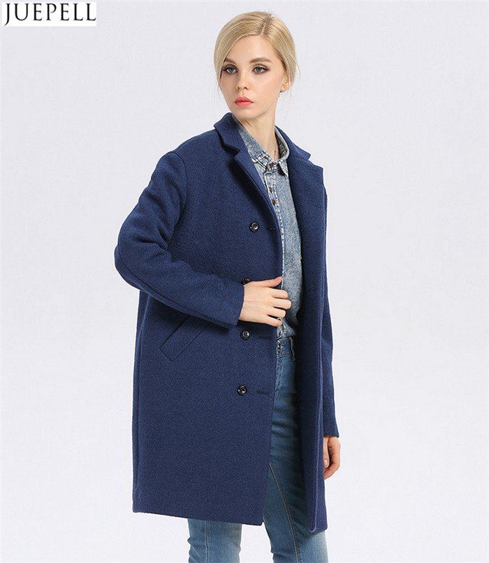 European Brand New Good Quality Women Winter Coat Long Double-Breasted Women's Windbreaker Blue Wool Coat