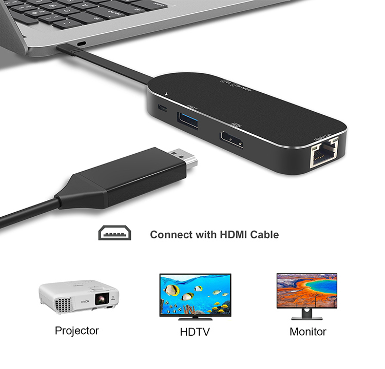 Super Speed 4K USB3.0 Type C Hub to HDMI+USB 3.0type C+RJ45 Gigabit Ethernet+USB Type C Charging Port Ethernet Adapter