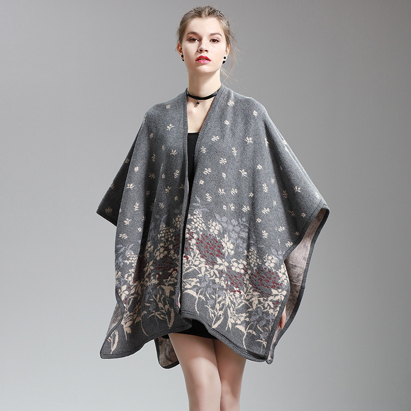Womens Cashmere Feel Flower Printing Fancy Cape Stole Poncho Shawl (SP297)