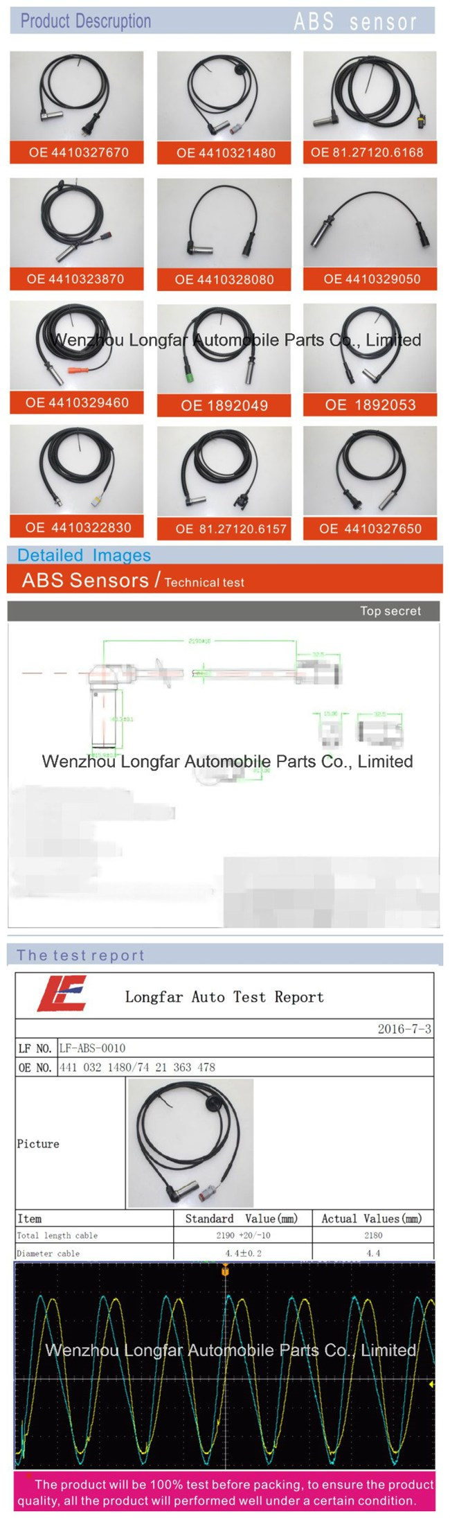 Auto Truck ABS Sensor Anti-Lock Braking System Transducer Indicator Sensor 4410323820, 441 032 3820, A0065427618 for Mecedes-Benz, Daf, Wabco
