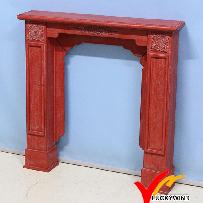 Kd Vintage Antique Red Color French Wooden Fireplace Mantel with Resin Flower