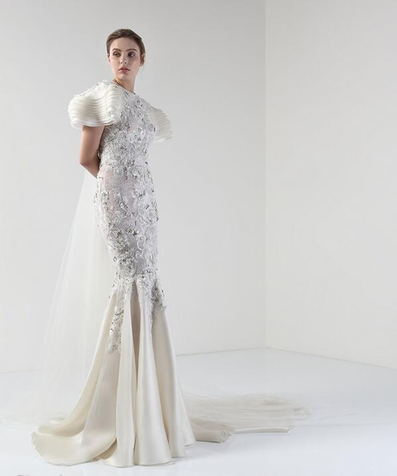 a Royal Beaded Sweep Train Wedding Dress with Multilayer Sleeves
