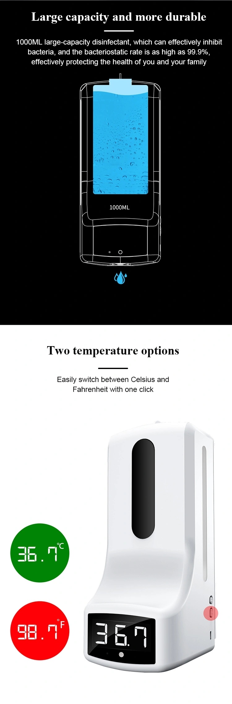 Medição de temperatura desinfetante de mãos com dispensador automático de sabão sem toque