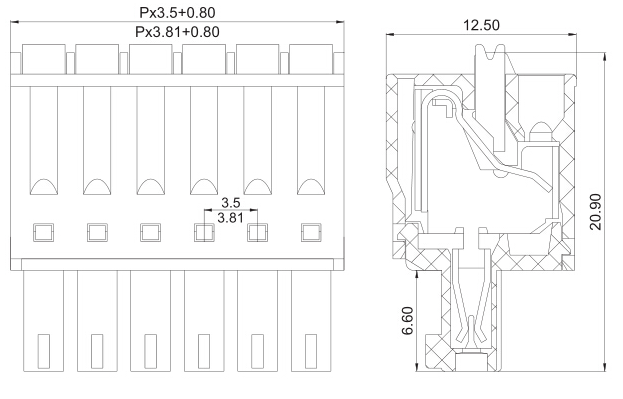 3.81mm pitch 2pin spring PCB plug-in terminal block 