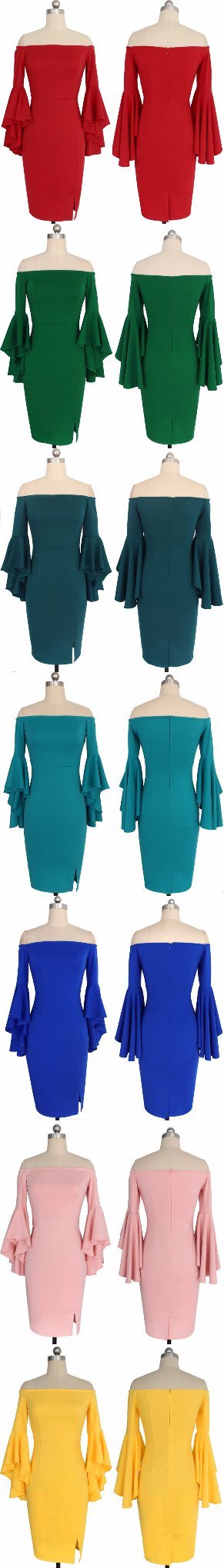 Woman Trumpet Sleeve Office Dress Sexy Fashion Slim Casual Club Party Dress