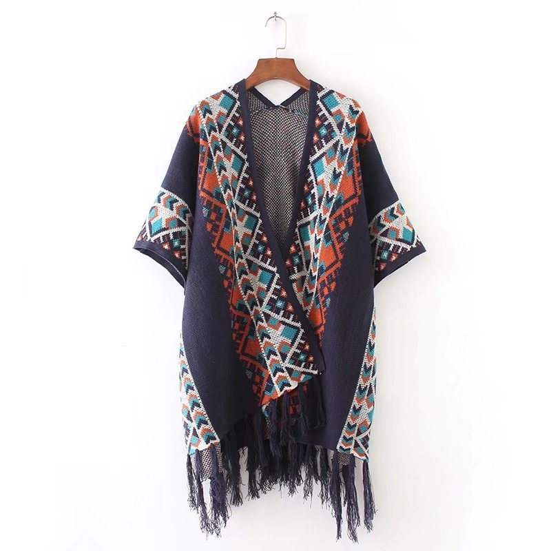 Womens Cashmere Feel Knitted Jacquard Printing Fancy Cape Stole Poncho Shawl (SP617)
