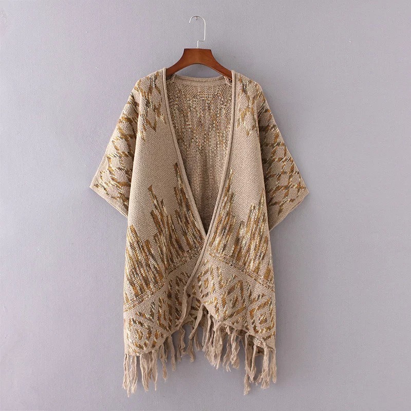 Womens Cashmere Feel Knitted Jacquard Printing Fancy Cape Stole Poncho Shawl (SP622)