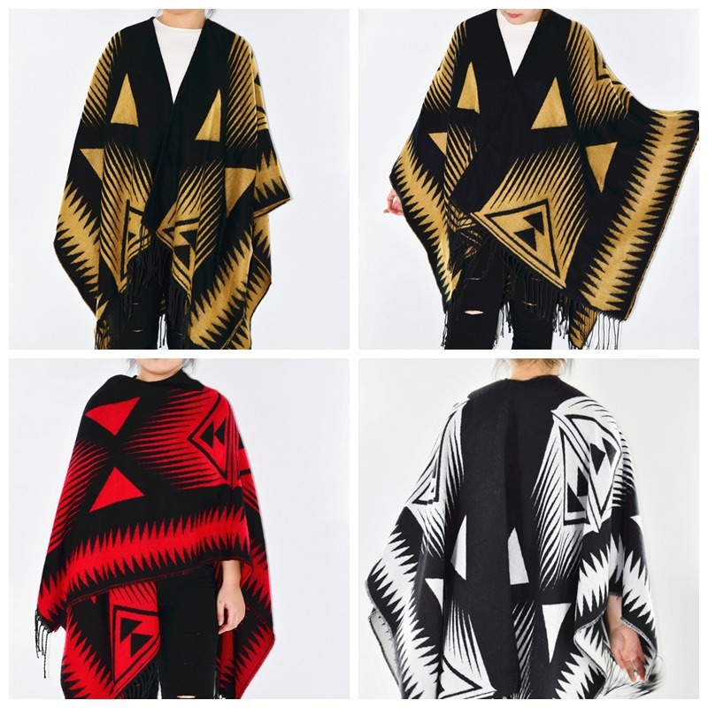 Womens Cashmere Feel Geometry Printing Fancy Cape Stole Poncho Shawl (SP308)
