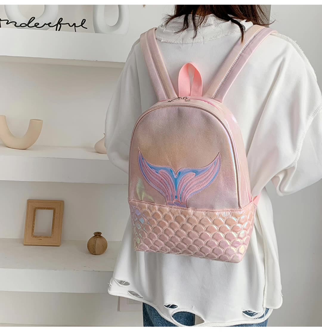 fashionable pink iridescent teen kids school bag stylish leather laser glitter girl mermaid backpacks1