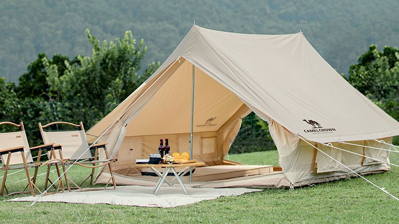 Kamel 2-4 Person Kabine wasserdichtes Glamp-Glockenzelt-Baumwoll-Leinwand Camping Luxus Glamping Glockenzelt Camp Bell Zelt1