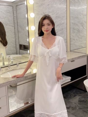 White Elegant Spaghetti Strap Nightgown – Model Showcase | Taizhou Xiajie Clothing