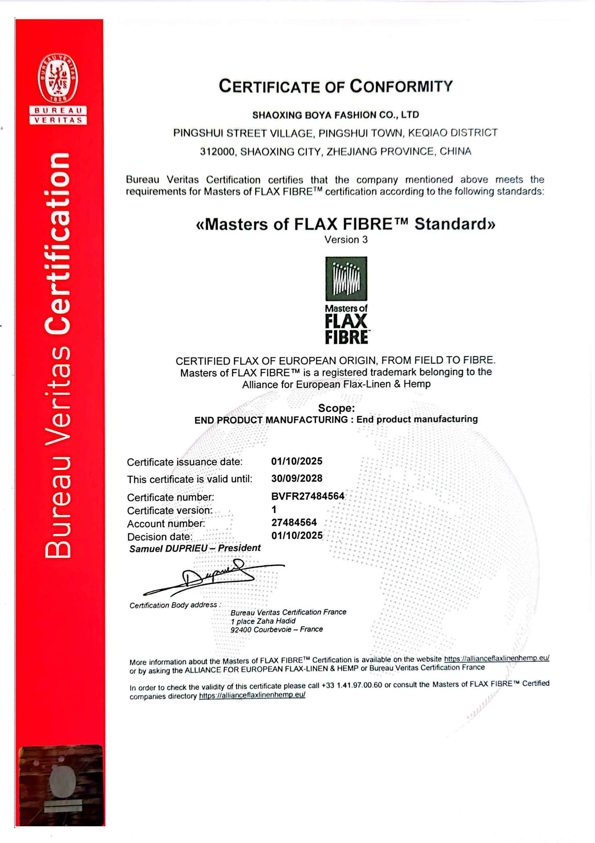 CERTIFICATE OF CONFORMITY