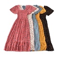 Τελευταία κορεατική σχεδίαση floral εκτύπωση ελαστικό vintage τετράγωνο λαιμό κοντό μανίκι μακρύ φόρεμα γυναικεία φορέματα καλοκαίρι ρούχα1