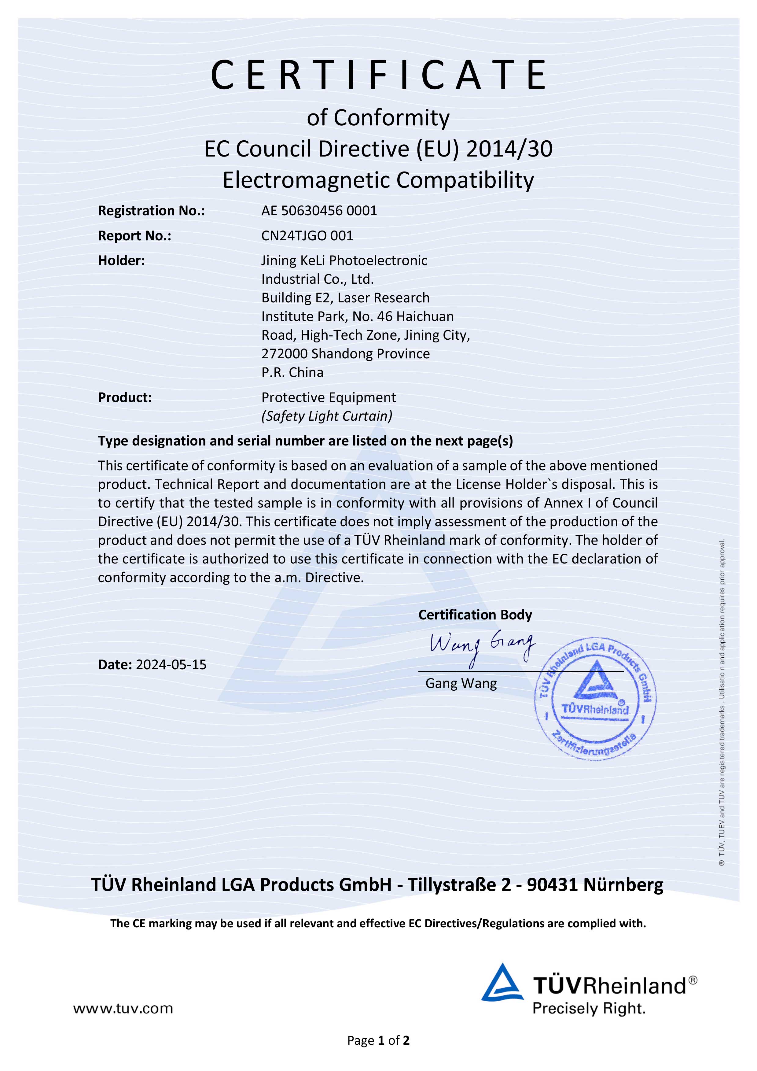 CT4 safety light curtain Certificate of Conformity EC Council Directive (EU) 2014/30 Electromagnetic