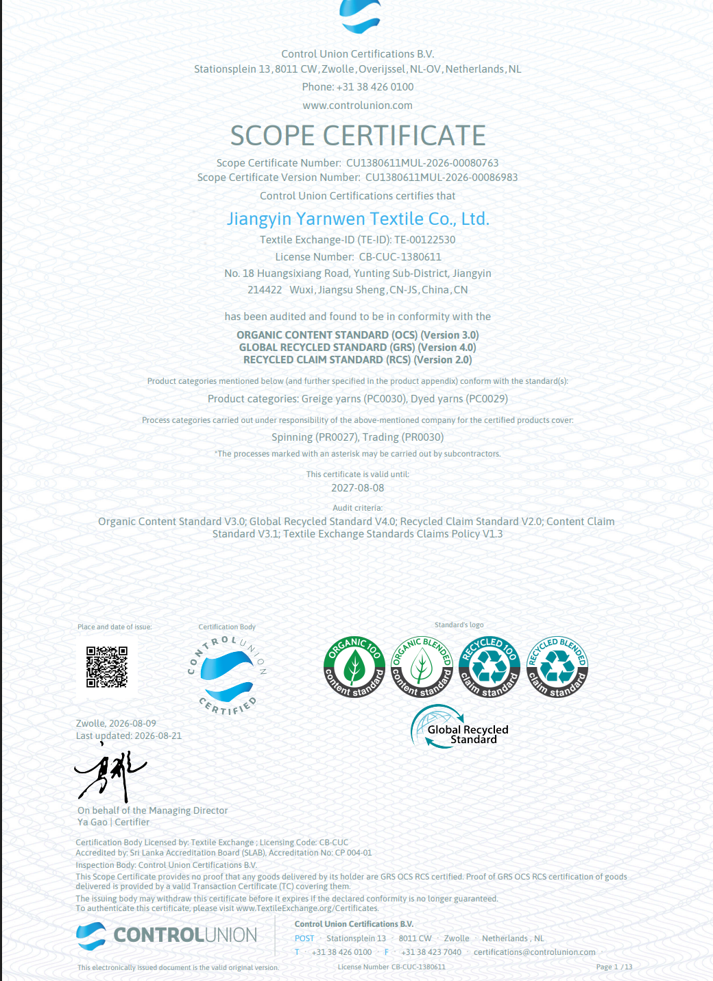 SCOPE CERTIFICATE