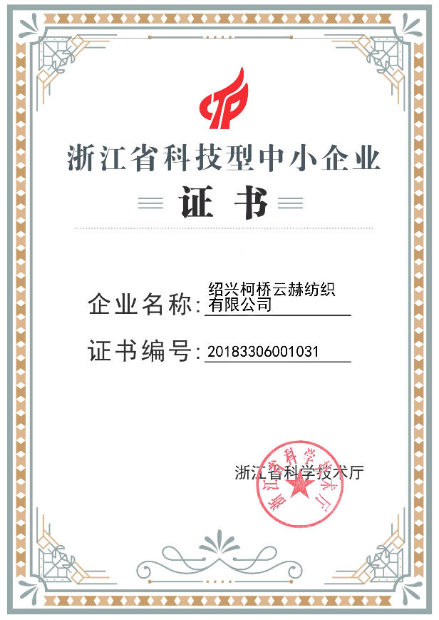 Certificate of Technology-based Small and Medium-sized Enterprises in Zhejiang Province