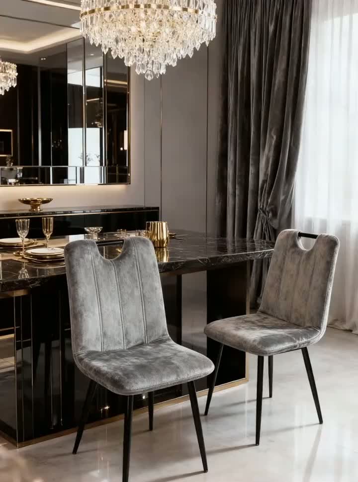 BR-25A37 Luxo nos detalhes: cadeira de jantar de veludo cinza com encosto e costura esculpidos