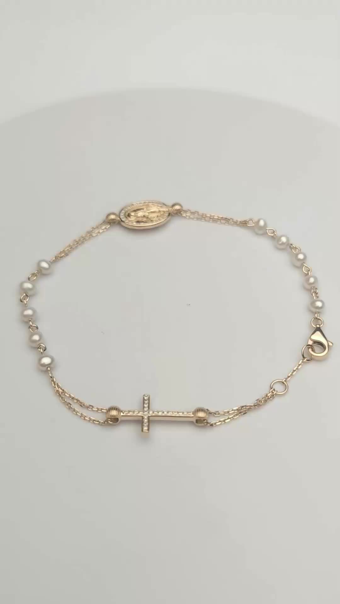 Customized  women jewelry lab created diamond bracelet 9k yellow gold pearl jesus cross bracelet1