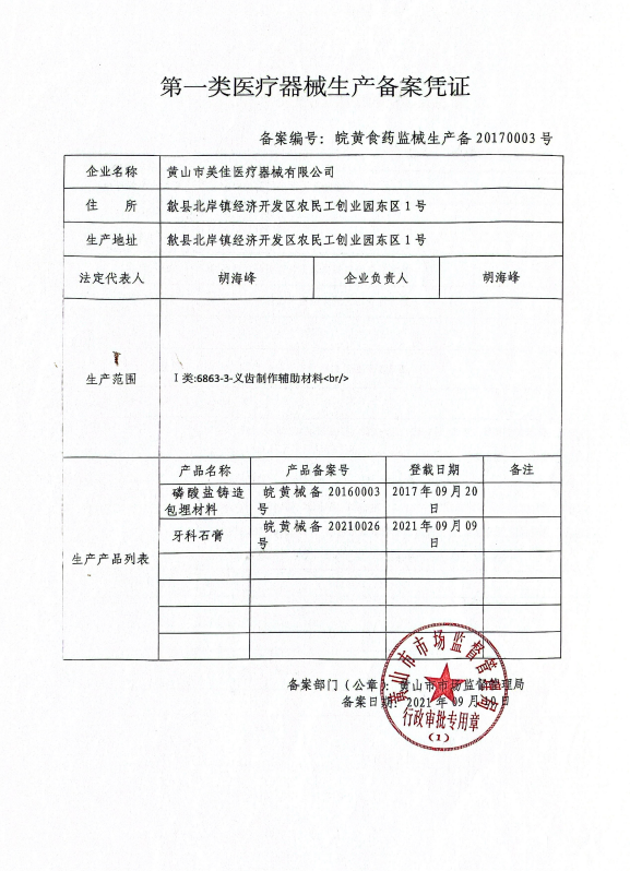 First Class Medical Device Production Filing Certificate