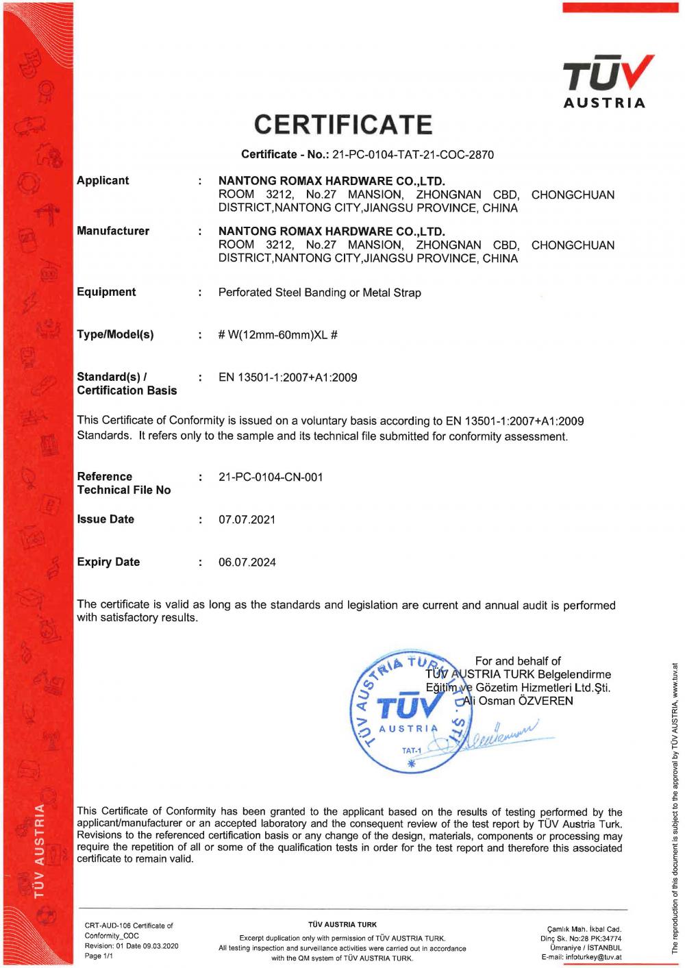 EN13501 CERTIFICATE OF CONFORMITY PERFORATED STEEL BANDING