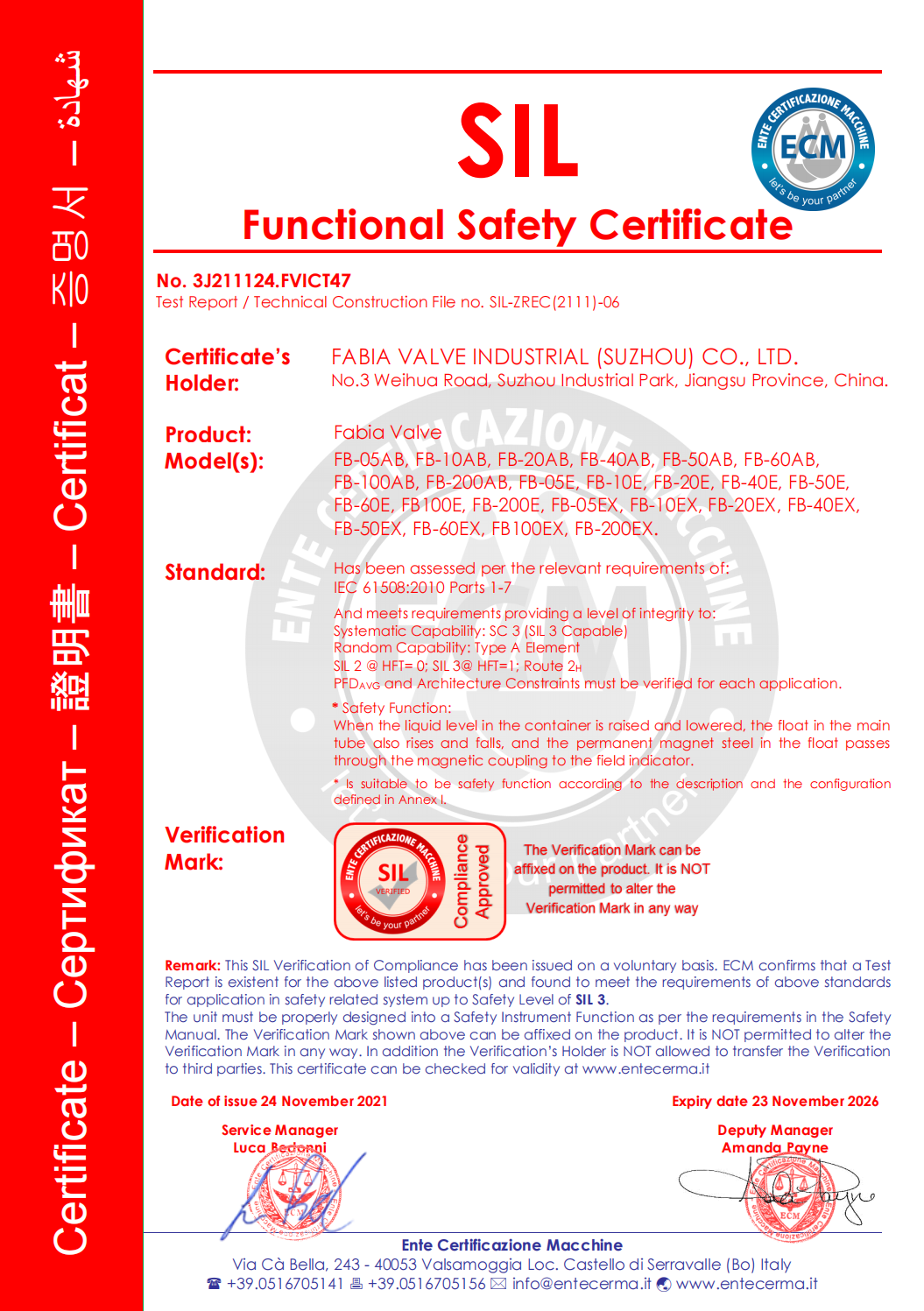 SIL III Functional Safety Certificate