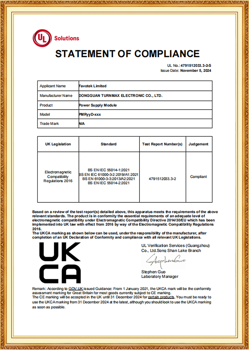 STATEMENT OF COMPLIANCE