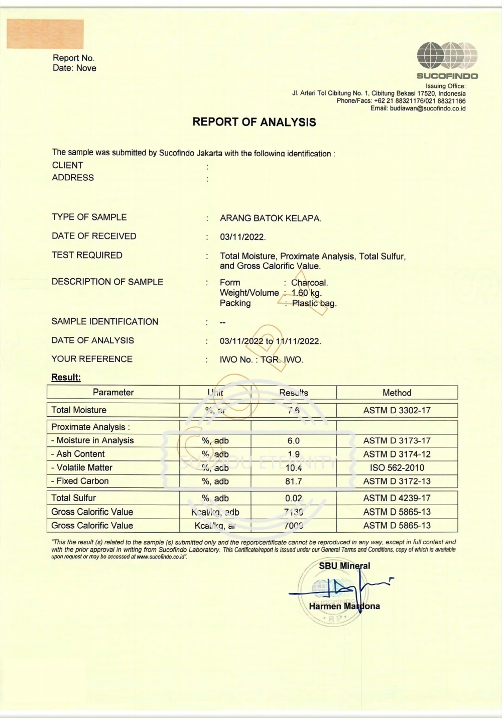 Coconut Shell Charcoal Test Report - Indonesian Resources