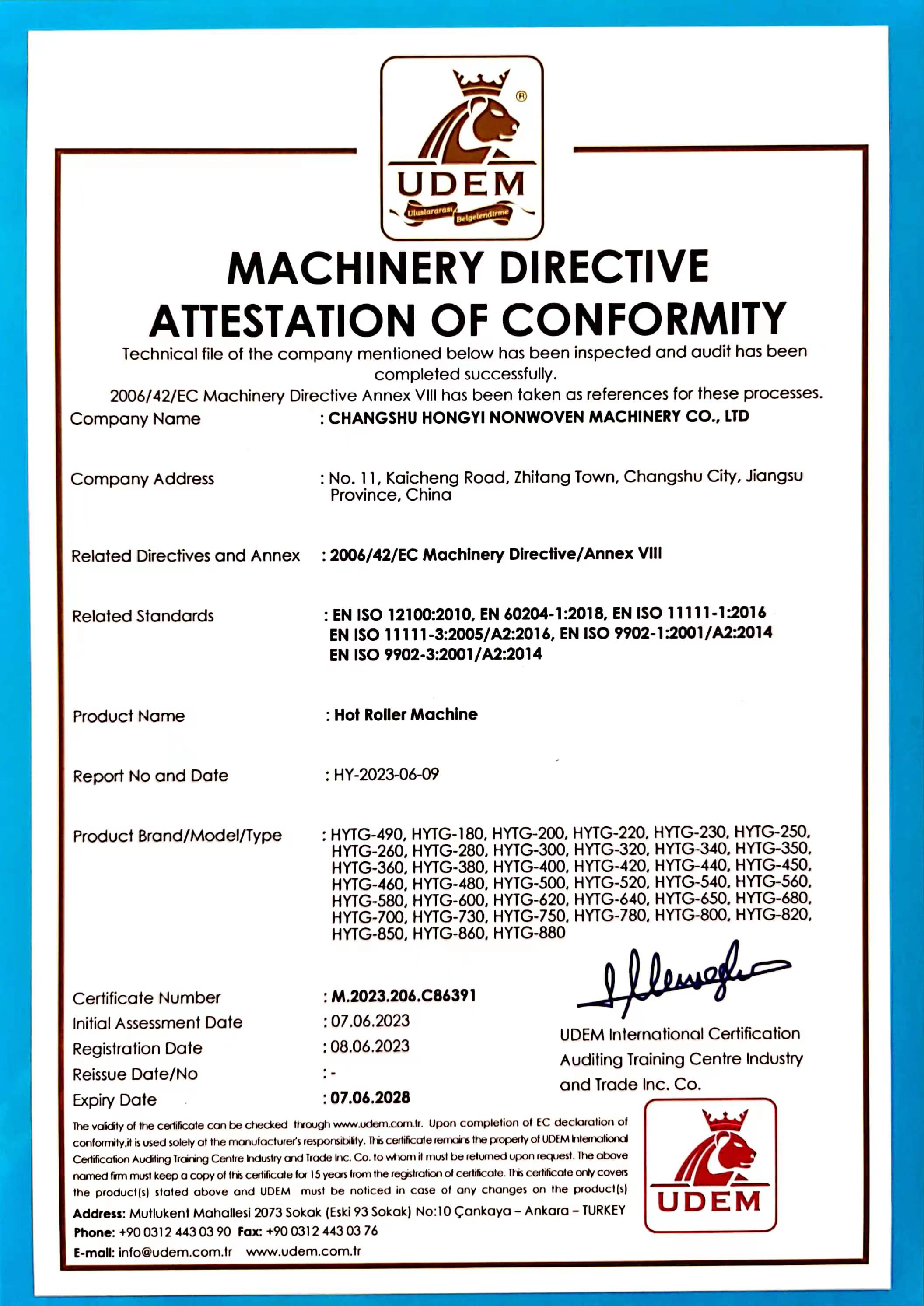 Machinery Directive Attestation of Conformity