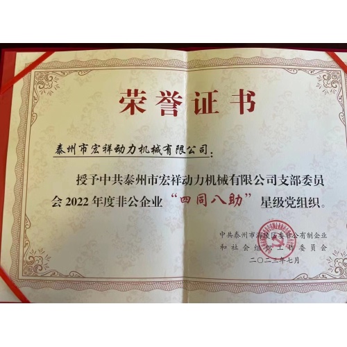 Taizhou Hongxiang Power Machinery Company awarded with Star-level Party Organization Honor Certificate
