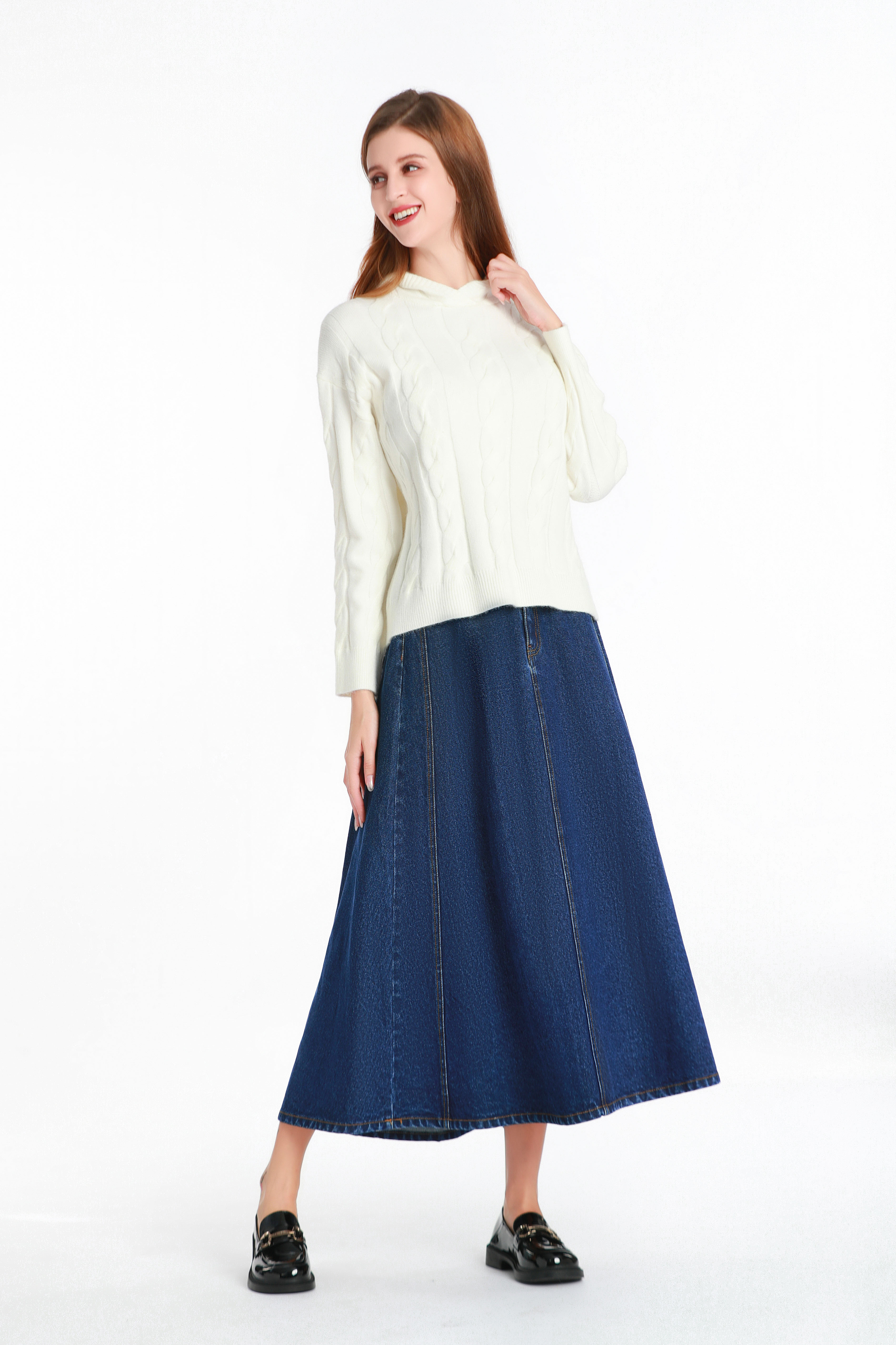 Dark Blue Midi-length Denim Skirt with a Wide Swin