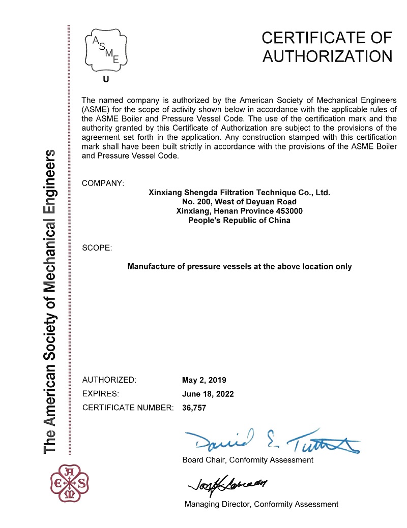 ASME U CERTIFICATION OF AUTHORIZATION