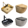 Bathroom Luxury Wall Hanging Toilet Bowl Combo with Golden Sink Basin Set1