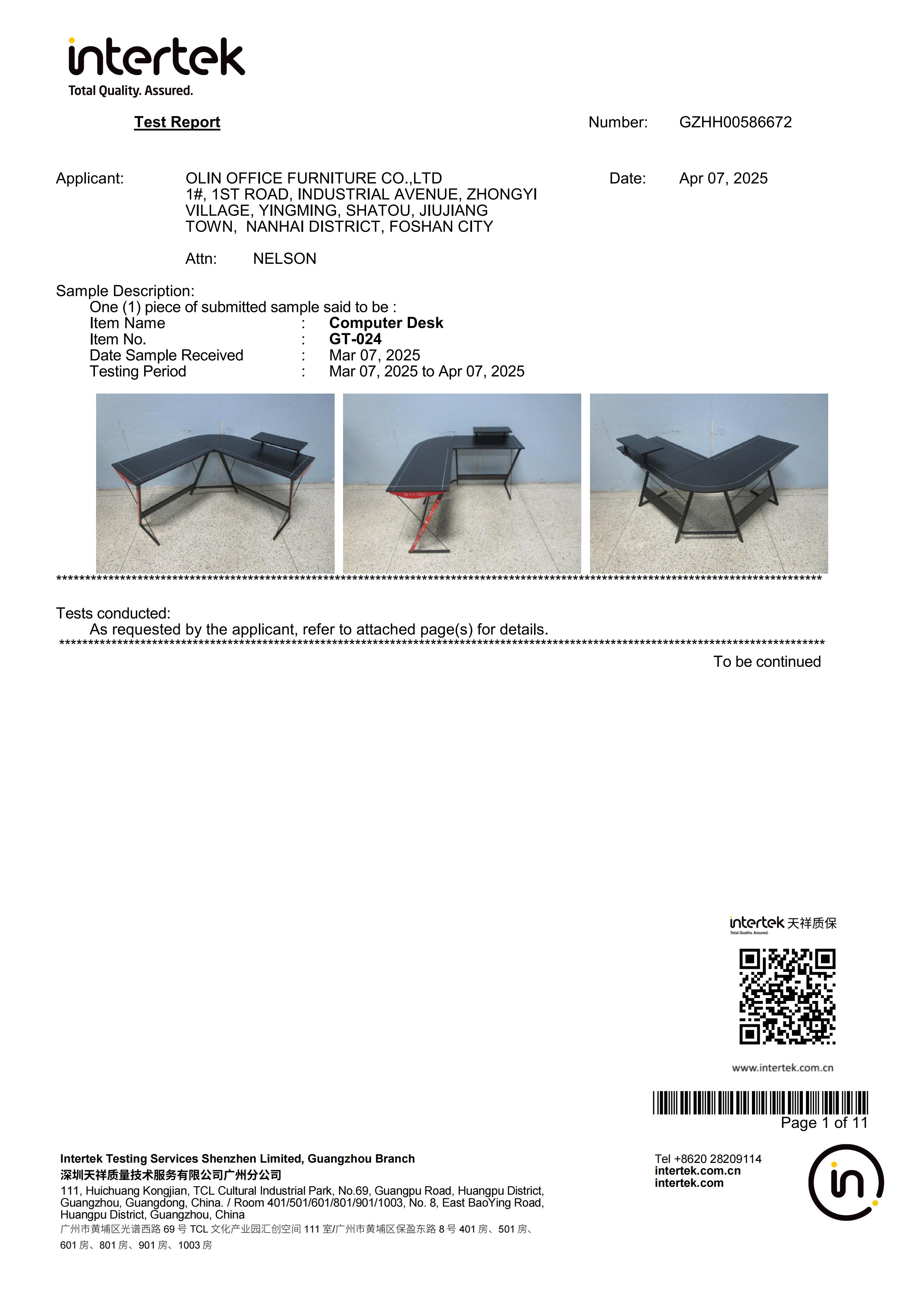 Computer Desk GT-024 EN12521 Test Report