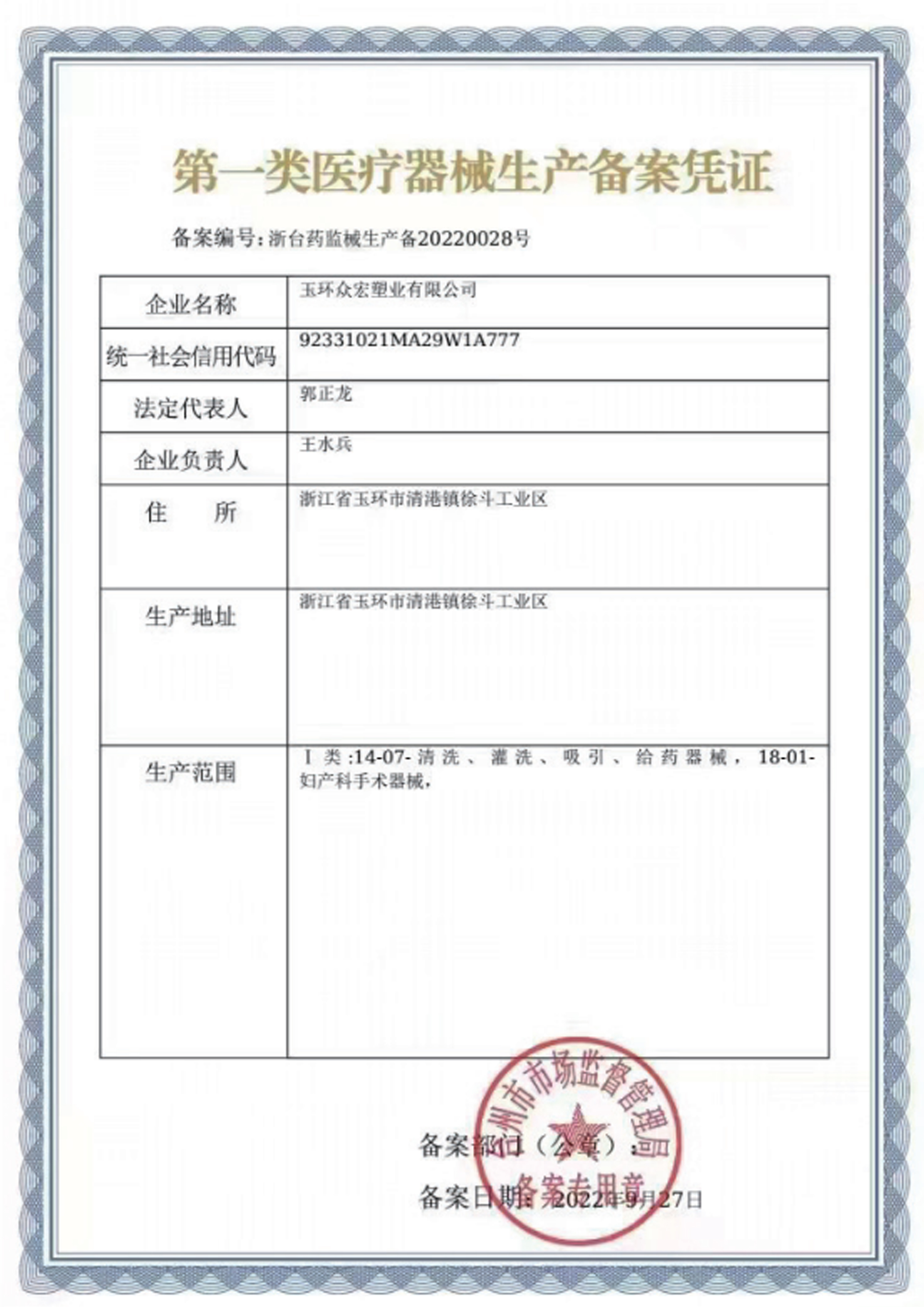 Filing Certificate for the Production of Class I Medical Devices