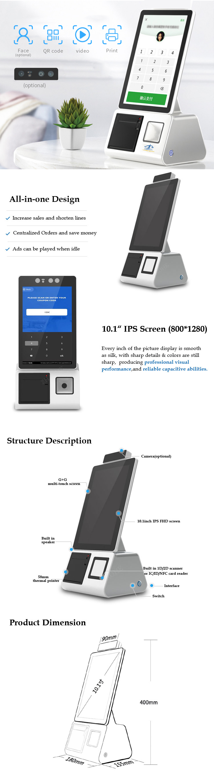 10.1inch capacitive touch screen interactive restaurant self service ordering kiosk payment machine